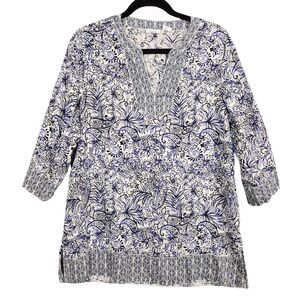 SIGRID OLSEN Blue & White 100% Linen Floral Paisley Boho Tunic Top SIZE M